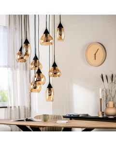 Hanglamp Lungo glas amber zwart 9-lichts