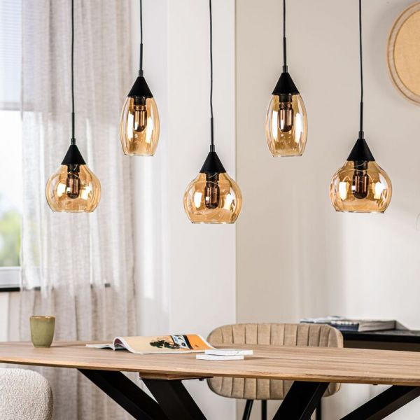 Hanglamp Lungo glas amber zwart 5-lichts