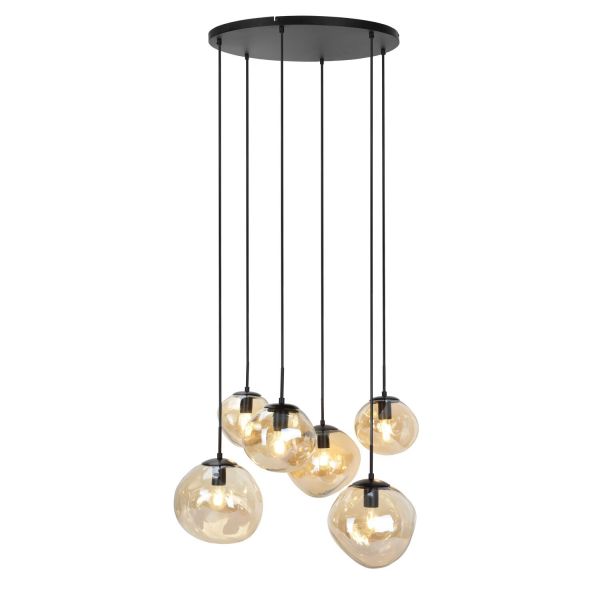 Hanglamp Macato zwart amber glas 6-lichts