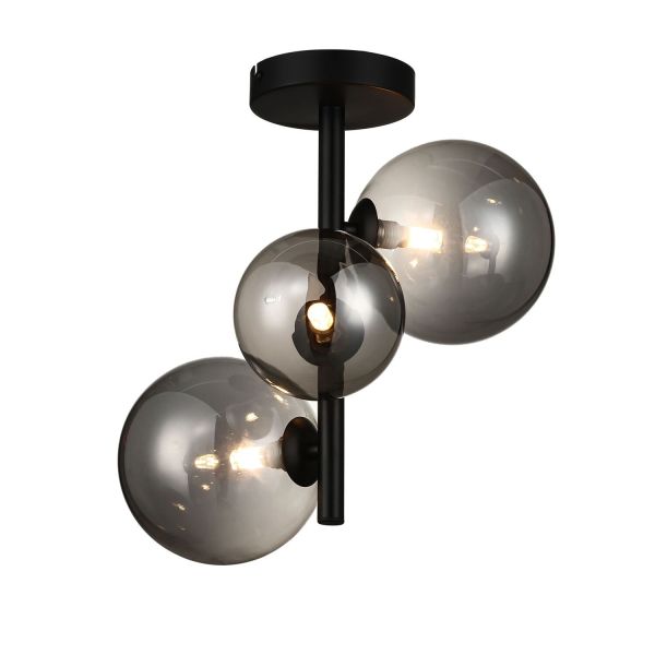 Plafondlamp Olivento zwart smoke glas 3-lichts