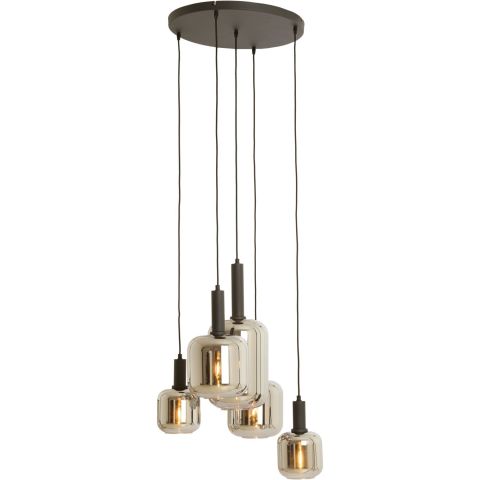 Hanglamp Trecate mat zwart smoke glas 5-lichts rond